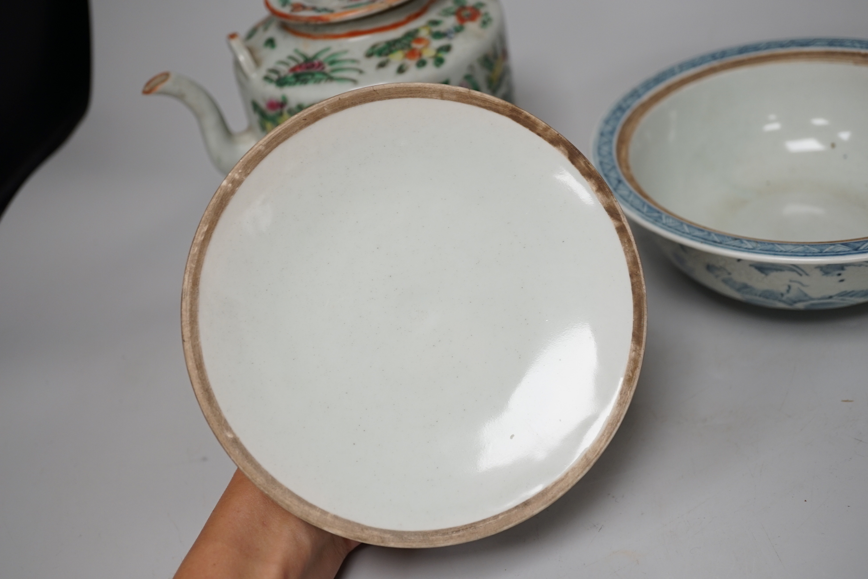 Assorted Chinese and Japanese ceramics including a Kutani jar and cover and a floral teapot, the largest 15cm high